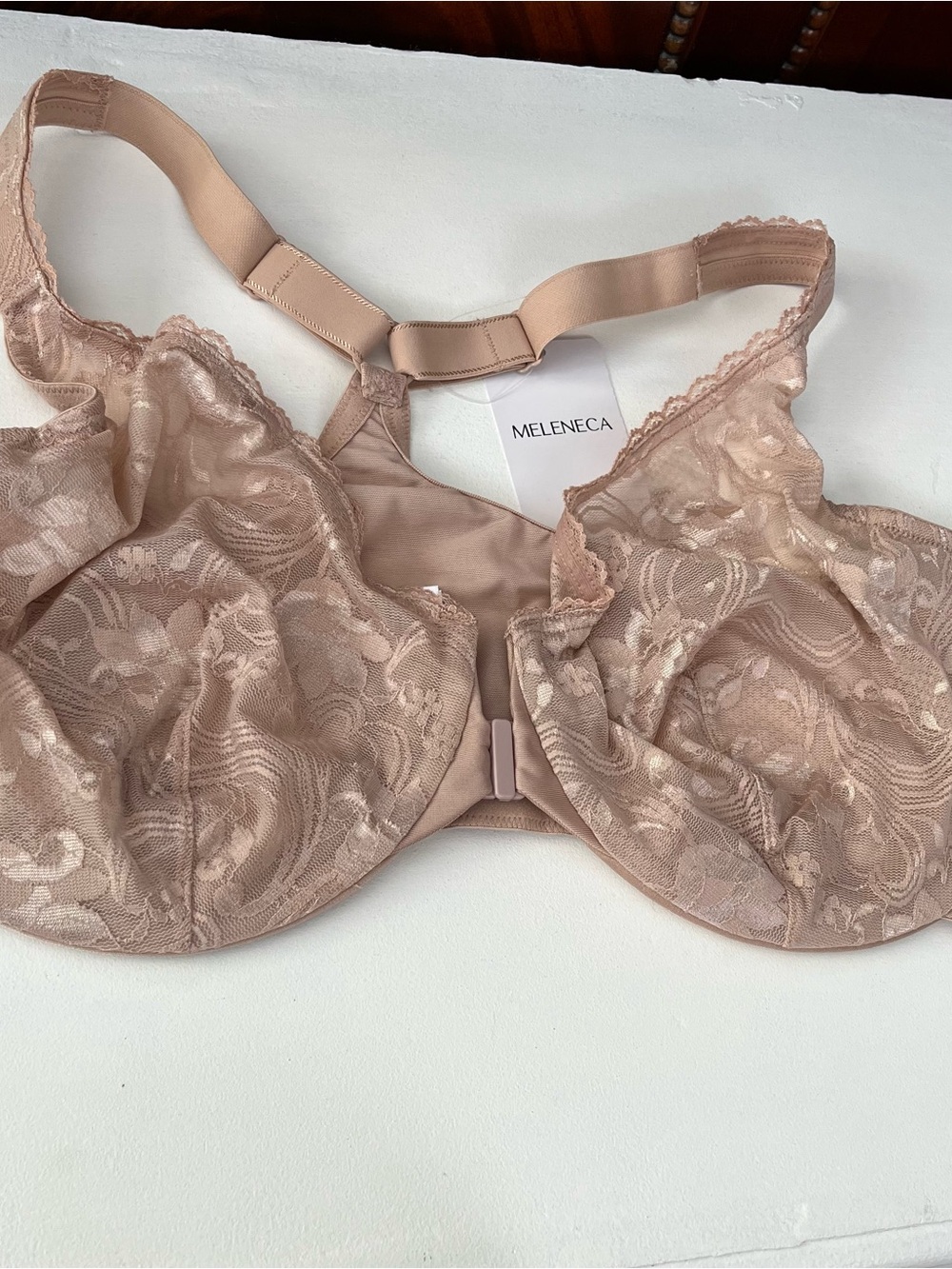 NEW Meleneca Women’s Bra Large Bust Plus Size Beige Unlined Lace 46B Front Hook
